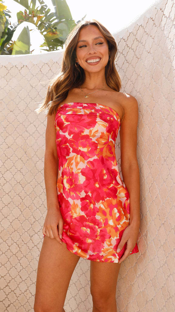 Damen flirtendes Minikleid im Bandeau-Stil mit floralen Akzenten und schwingendem Saum R&B