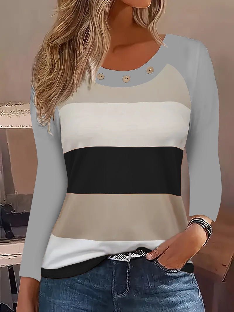 Damen Langarm T-Shirt mit modischem Streifenmuster und dekorativen Knöpfen R&B