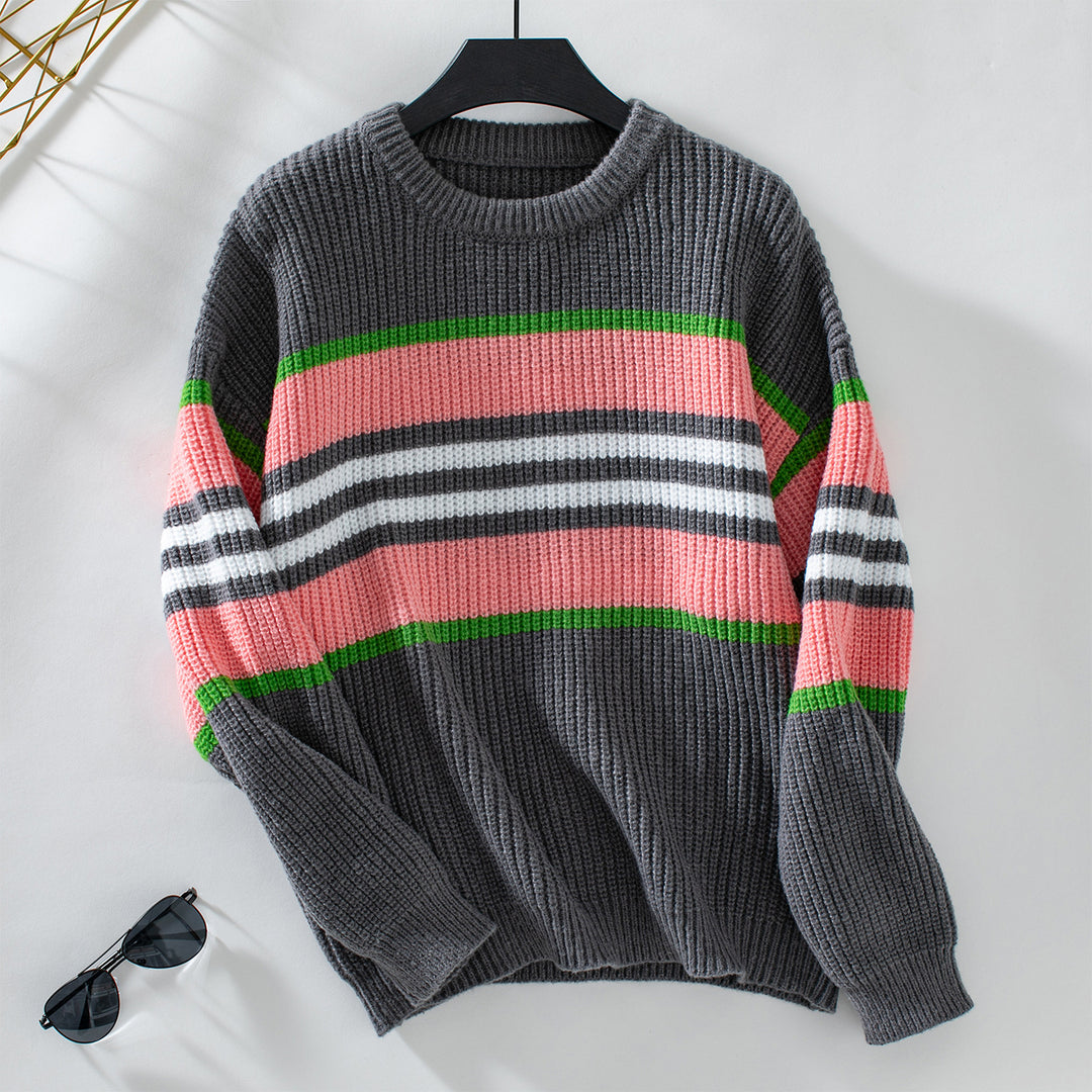 Damen lockerer Strickpullover mit buntem Blockstreifen und Rundhalsausschnitt R&B