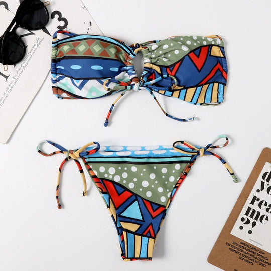 Damen Bandeau-Bikini mit aufregendem Mustermix und verstellbaren Trägern R&B