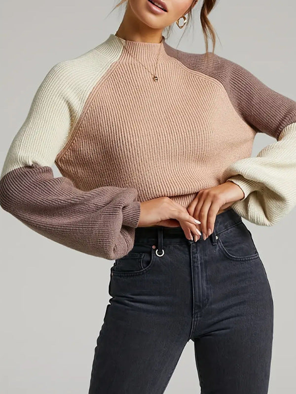 R&B | Pullover Sweatshirt Übergröße Fit Gerippter Strick Mock Neck Glockenärmel