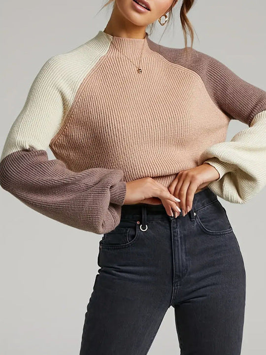 R&B | Pullover Sweatshirt Übergröße Fit Gerippter Strick Mock Neck Glockenärmel