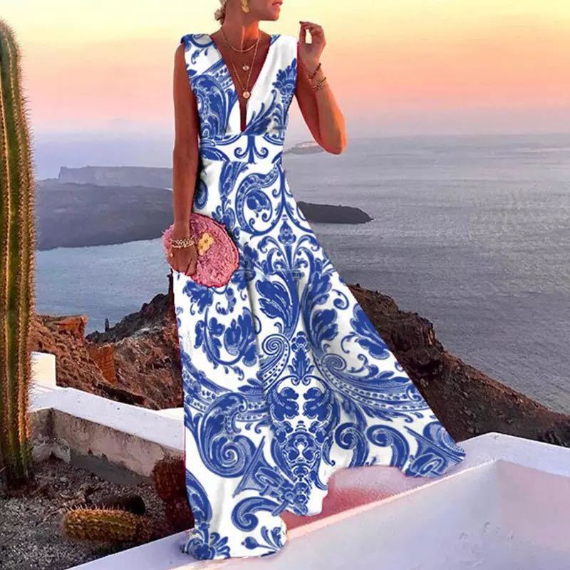 Damen Maxikleid mit geometrischem Schnitt und tiefem V-Ausschnitt R&B
