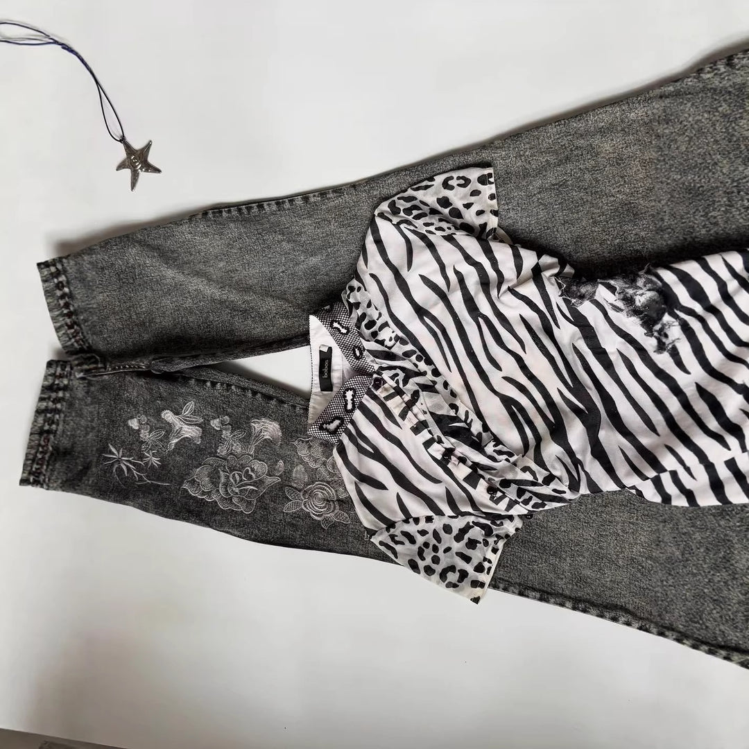 Damen Modisches T-Shirt mit tierischem Muster und dekorativem Kragen R&B