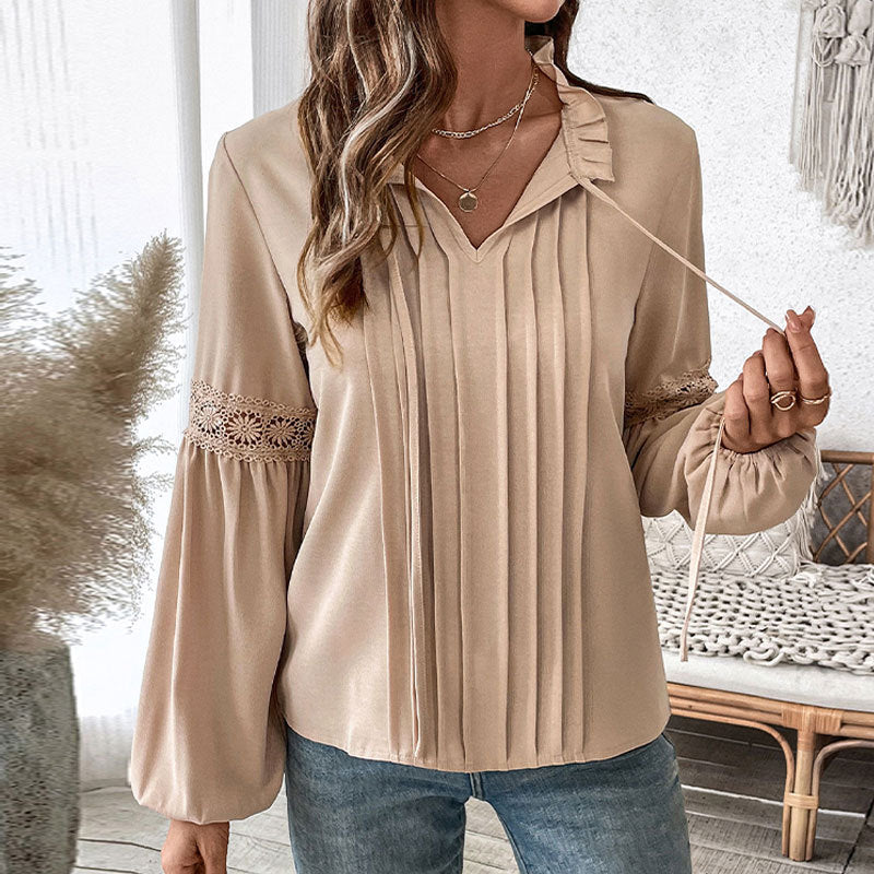 Damen Bluse mit feinen Falten und Spitze R&B