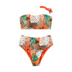 Damen Bandeau-Bikini mit lhaftem Tropenmuster und hohem Taillenschnitt