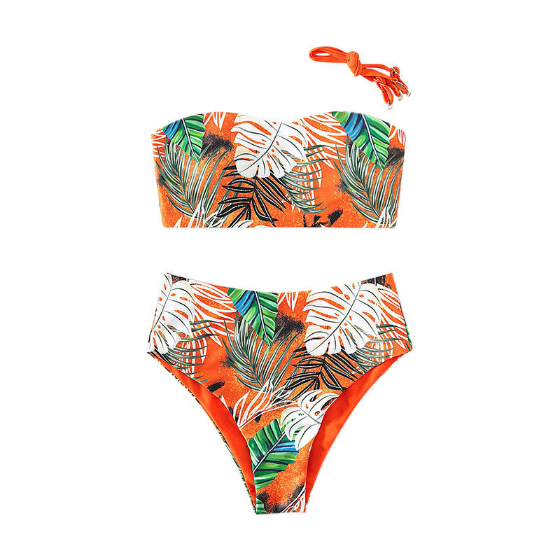 Damen Bandeau-Bikini mit lhaftem Tropenmuster und hohem Taillenschnitt