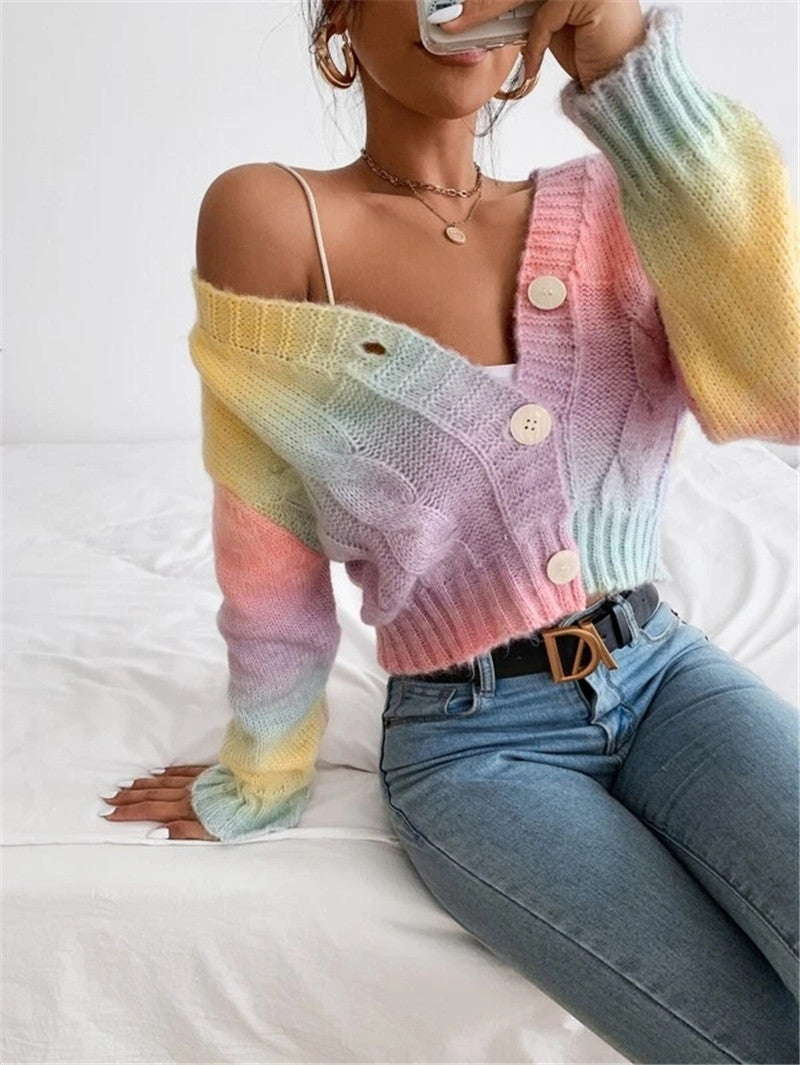 Damen Modischer Oversized-Cardigan mit buntem Farbverlauf und Knopfdetails R&B