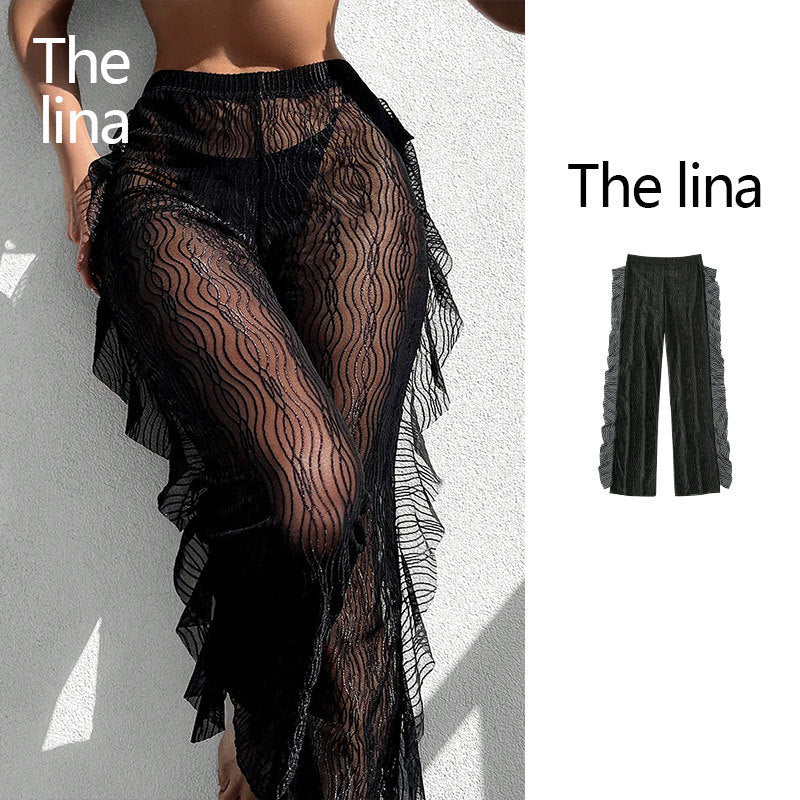 Damen transparente Strandhose mit raffinierter Rüschendetail R&B