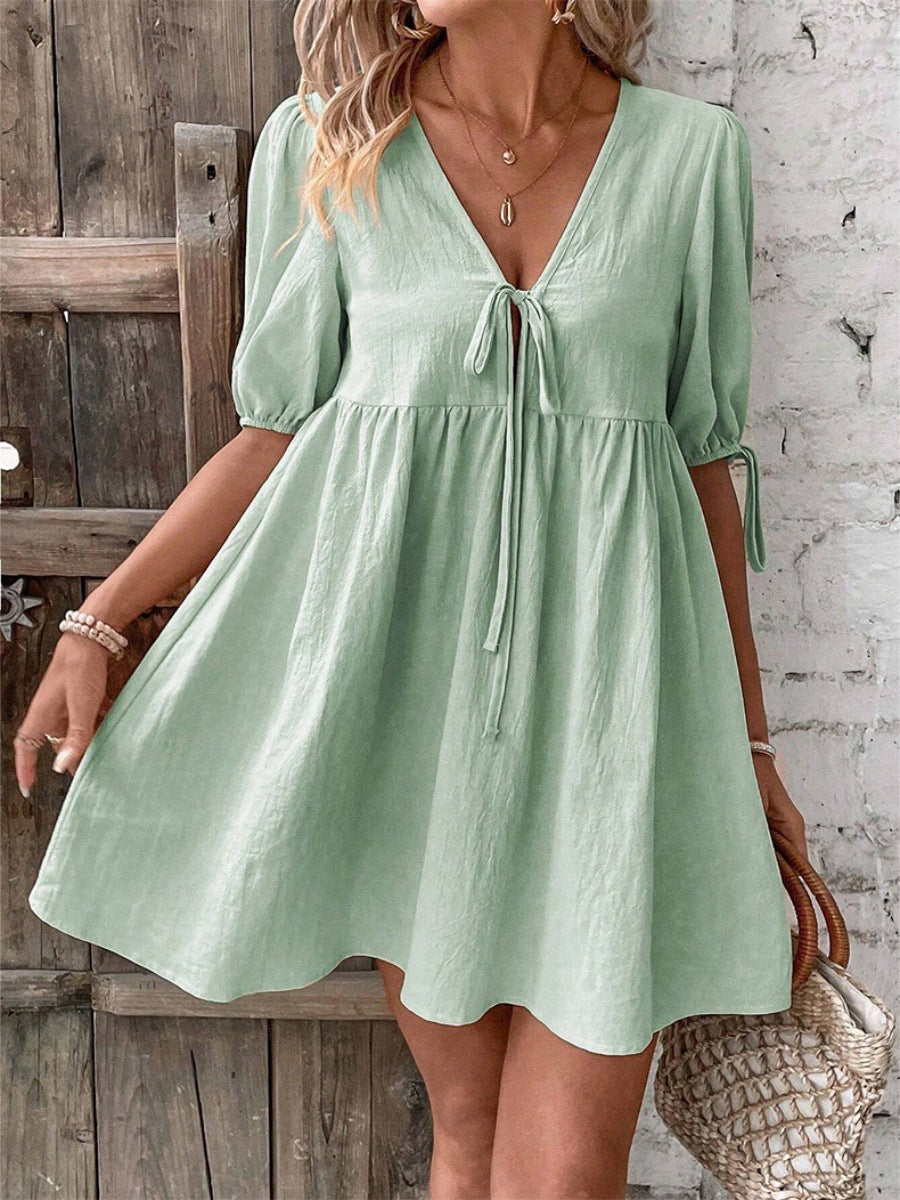 Damen luftiges Sommerkleid mit V-Ausschnitt und Raffungen R&B