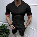 Herren sportliches Kurzarm-Hemden- und Shorts-Set mit Kapuze und kontrastierenden Ärmelabschlüssen