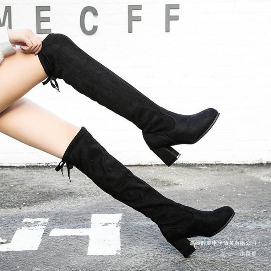 Damen modische Overkneestiefel mit Blockabsatz und raffiniertem Schnürdetail R&B