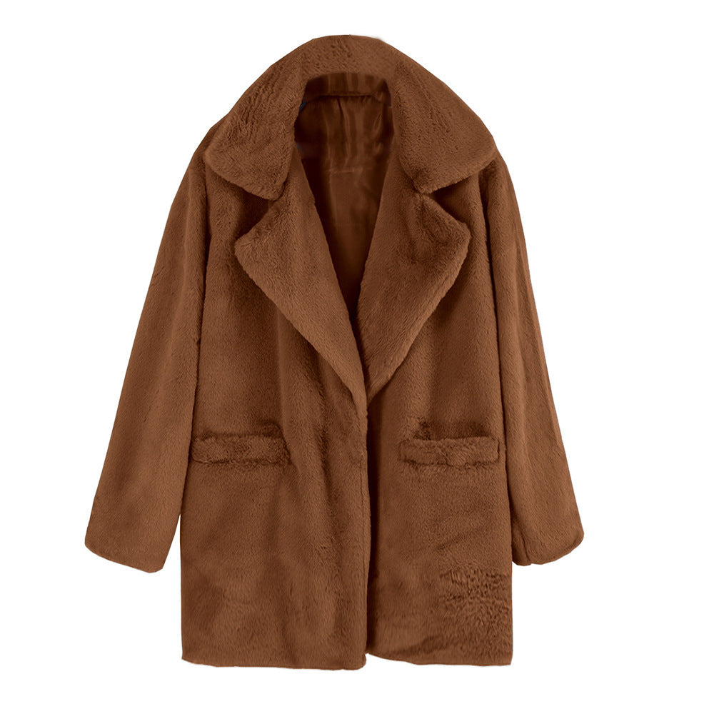 Damen Elegante Kunstfell-Jacke mit aufgesetzten Taschen und großem Revers R&B