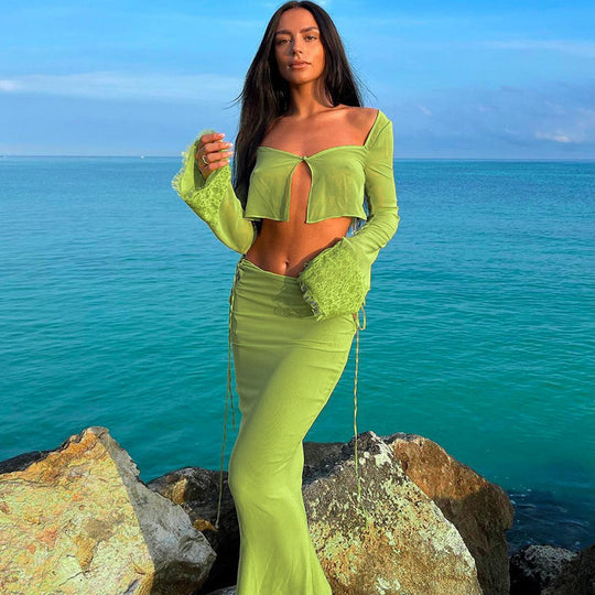 Damen Transparentes Set mit Crop-Top und Maxirock R&B