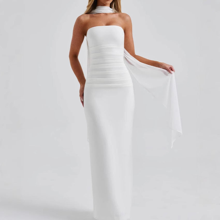 Damen Trägerloses Abendkleid mit raffiniertem Wickeldesign und zarten Chiffon-Ärmeln R&B