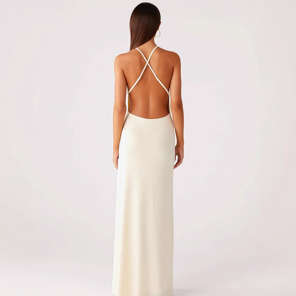 Damen Elegantes Maxikleid mit tiefem Austchnitt und feinen Trägern R&B