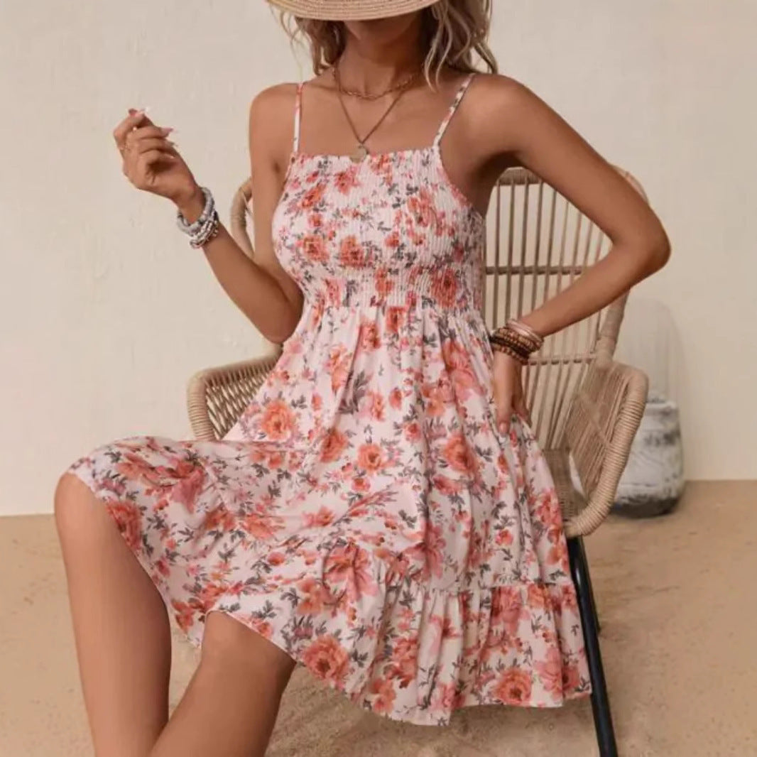 Damen Blumenkleid mit Spaghetti-Trägern und Rüschensaum R&B