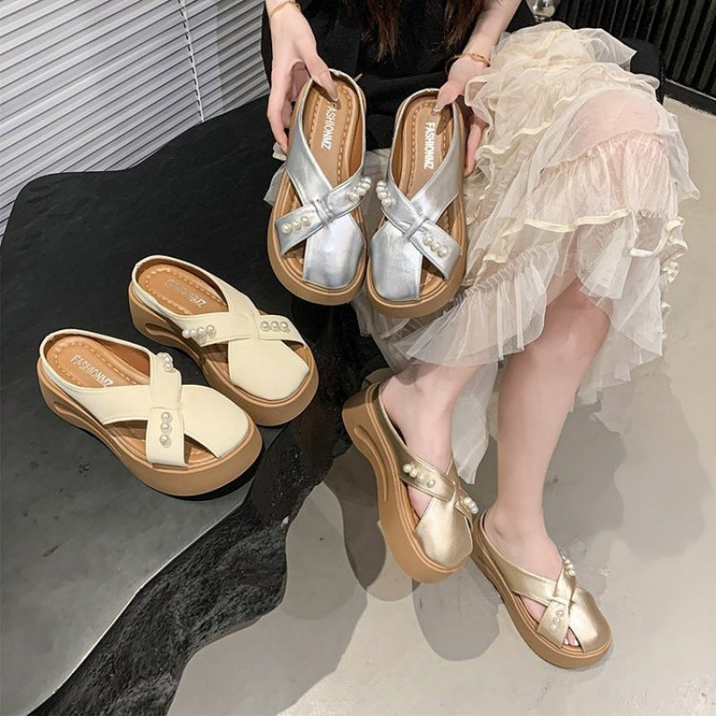 Damen Modische Plateau-Sandalen mit Perlenschmuck R&B