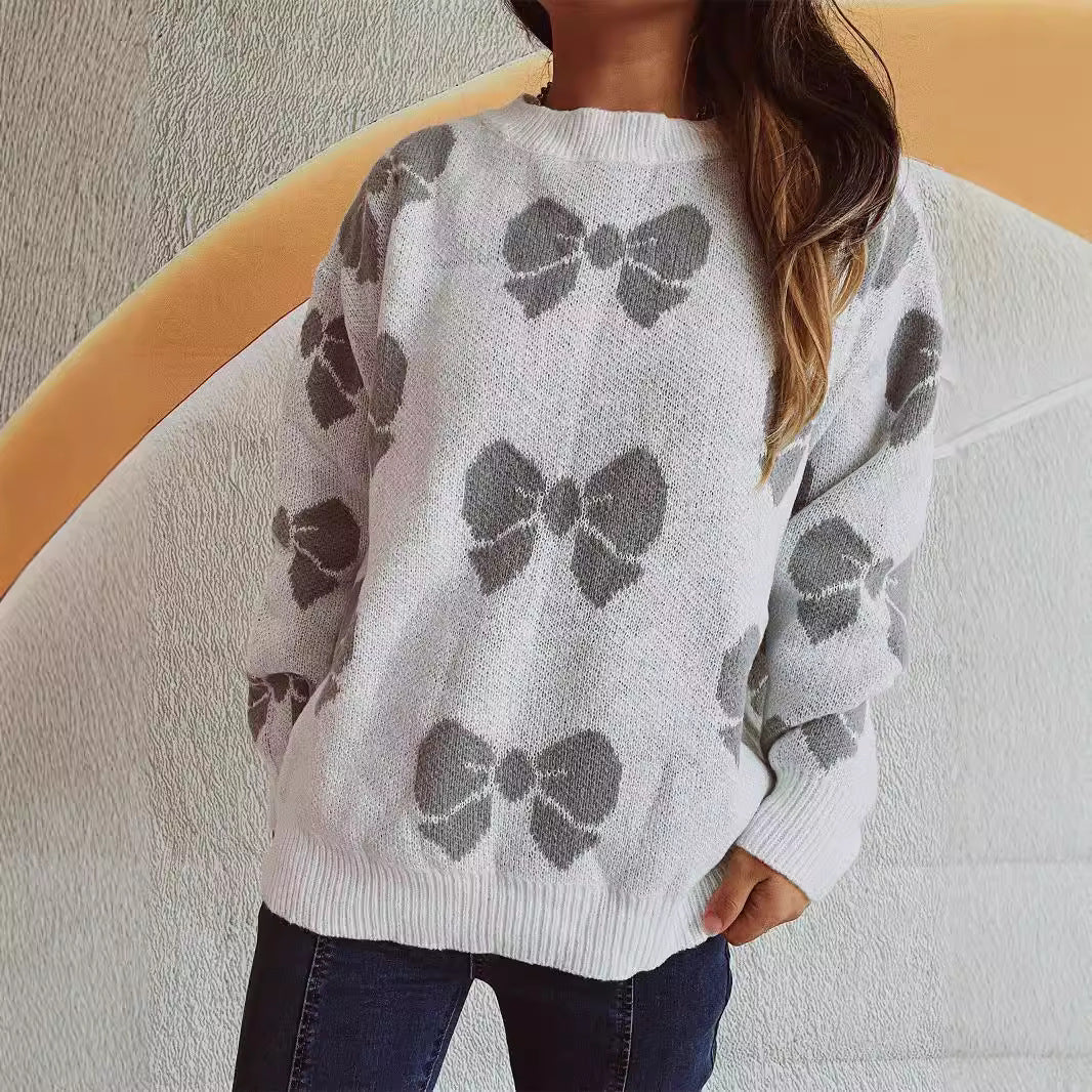 Damen lässiger Pullover mit verspieltem Schleifenmuster R&B