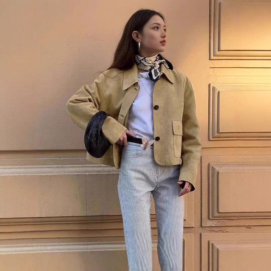 Damen Elegante Kunstlederjacke mit angedeuteten Taschen R&B