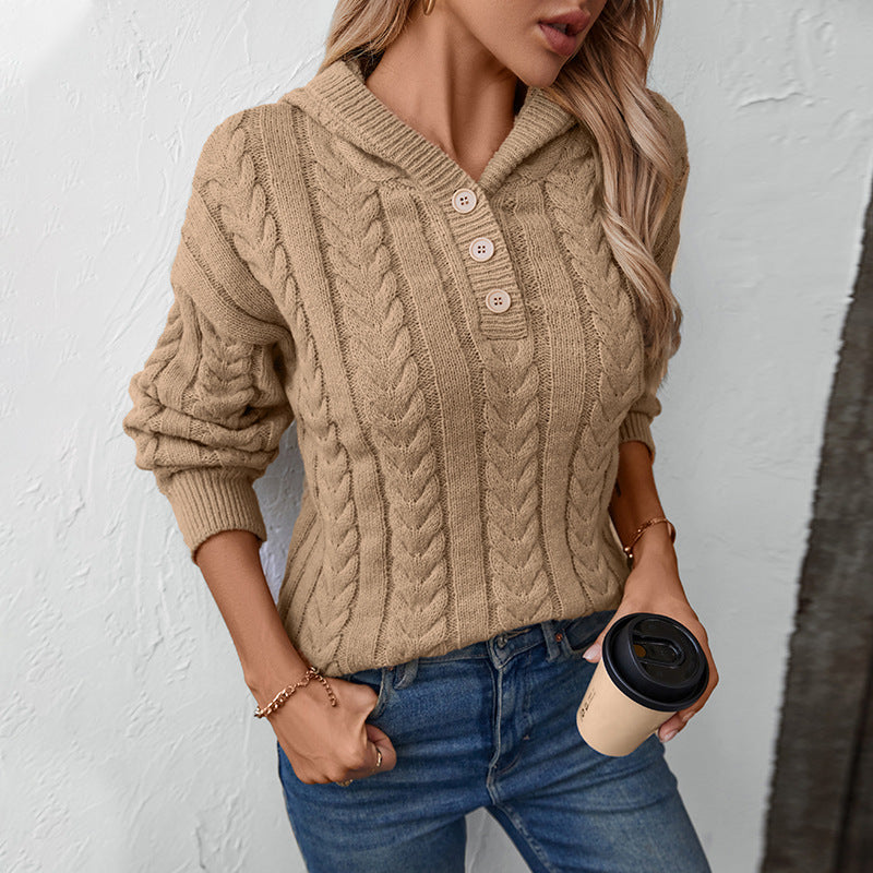 Damen Strickpulli mit Kapuze und Zopfmuster