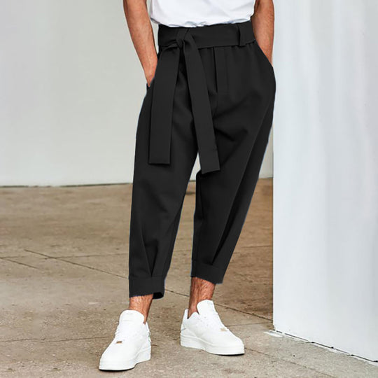 Herren elegante Freizeithose mit bindbarem Taillenband und weitem Schnitt R&B