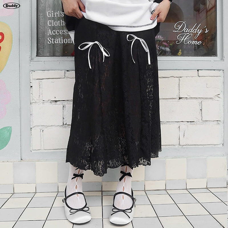 Damen eleganter Spitzenrock mit transparenten Einsätzen und raffinierten Bindebändern R&B