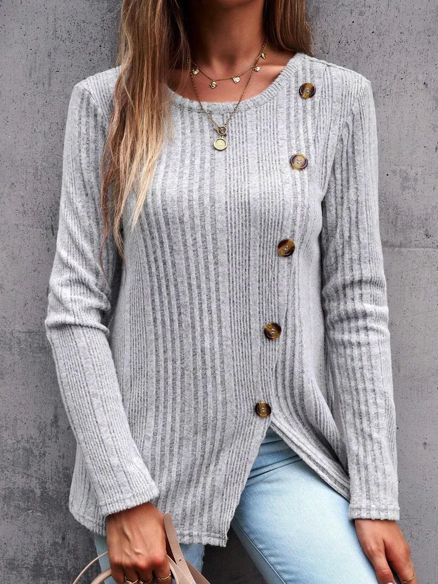 Damen Langärmliges Strickoberteil mit strukturierten Rippen und Knopfdetails