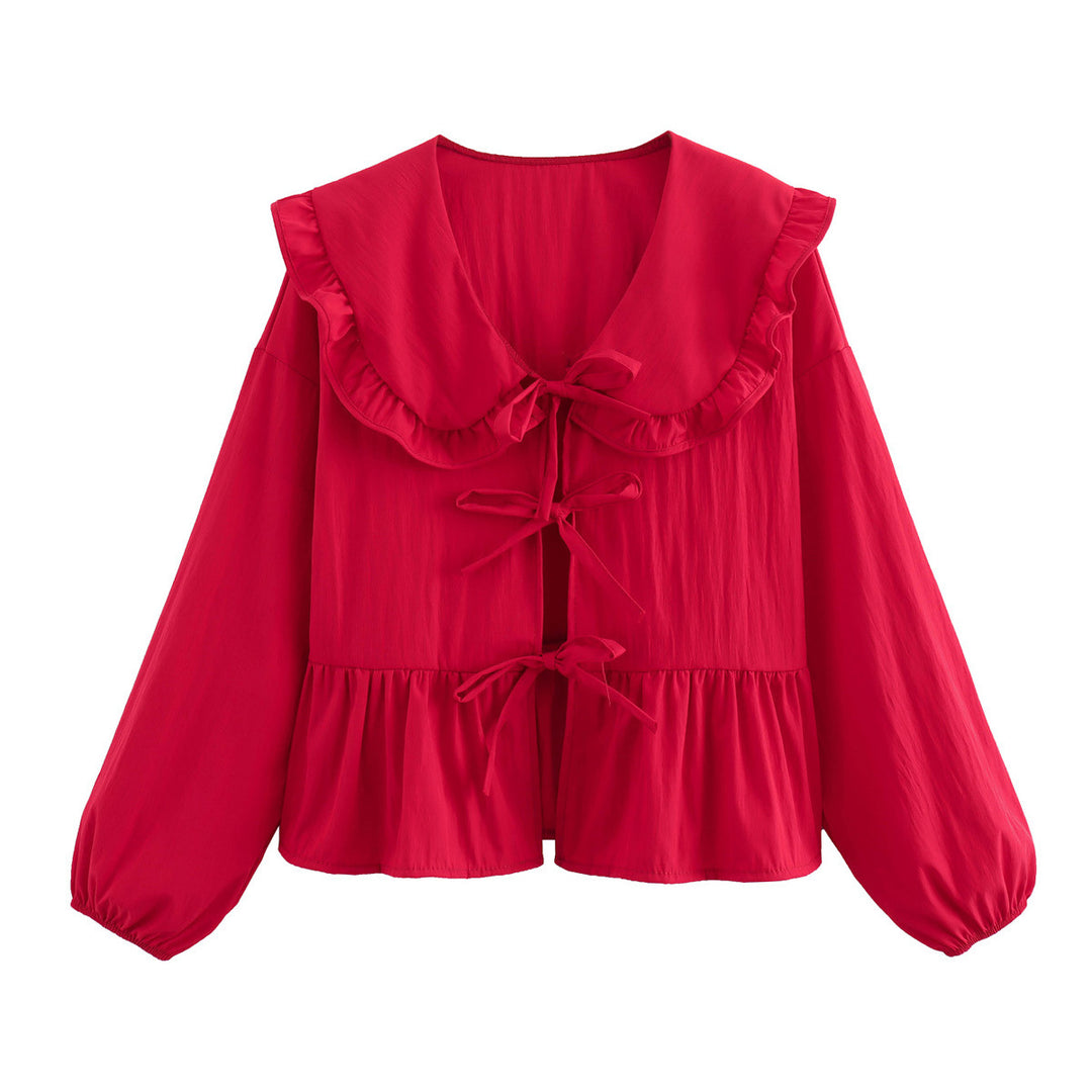 Damen trendiges Blusenshirt mit Rüschenkragen und Kordelzug R&B