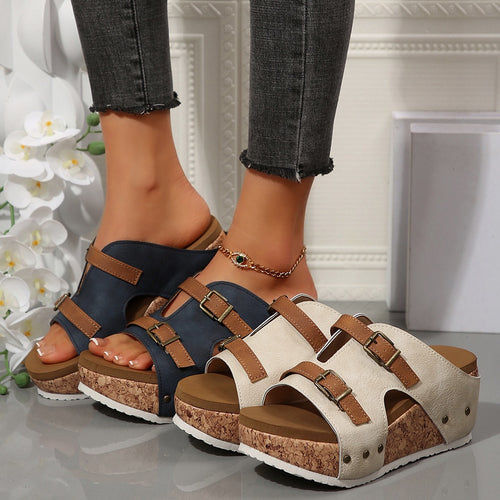 Damen modische Clogs mit Korksohle und dekorativen Schnallen R&B