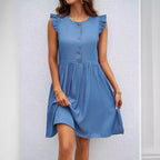 Damen lässiges Kurzkleid mit rüschigen Schulterdetails und Knopfleiste R&B