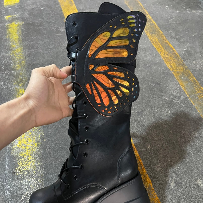 Damen Schnürstiefel mit modischem Schmetterlingsdesign und hohem Plateau R&B