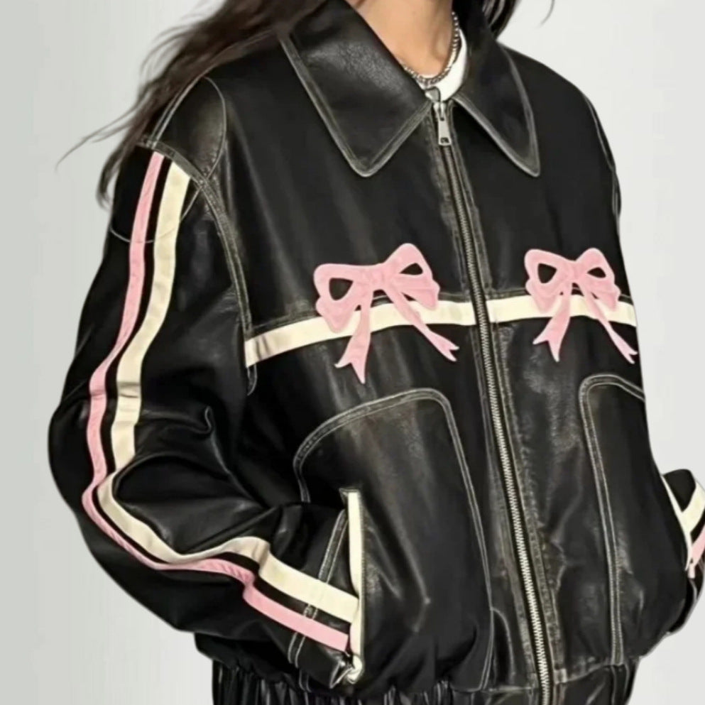 Damen lässige Kunstlederjacke mit verspielten Schleifendetails R&B