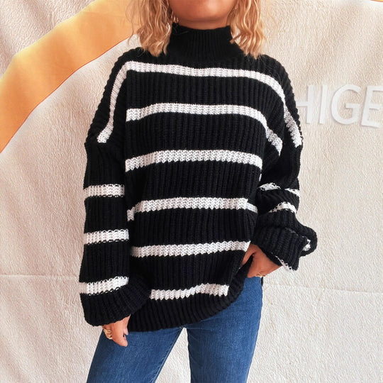 Damen Strickpullover mit hohem Kragen und modischem Streifenmuster R&B