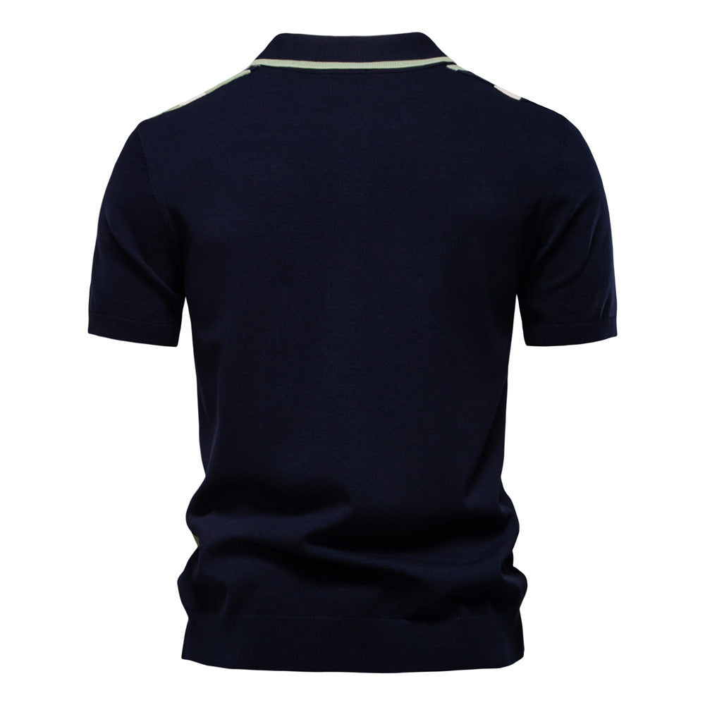Herren nan retro-inspiriertes Strickpolo mit vertikaler Intarsienstruktur und offenem Kentkragen R&B