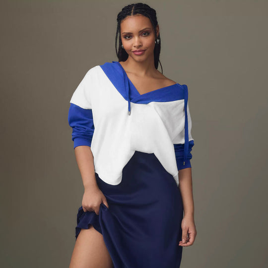 Damen Lässiger Kapuzenpulli mit V-Ausschnitt und bequemen Ärmeln R&B