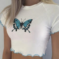 Damen Crop-Top mit kreativem Schmetterlingsdruck und gewelltem Saum R&B