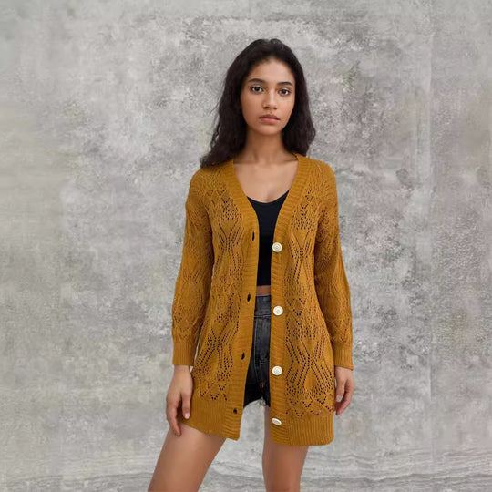 Damen Strickjacke mit kunstvollem Lochmuster und praktischen Knopfdetails R&B