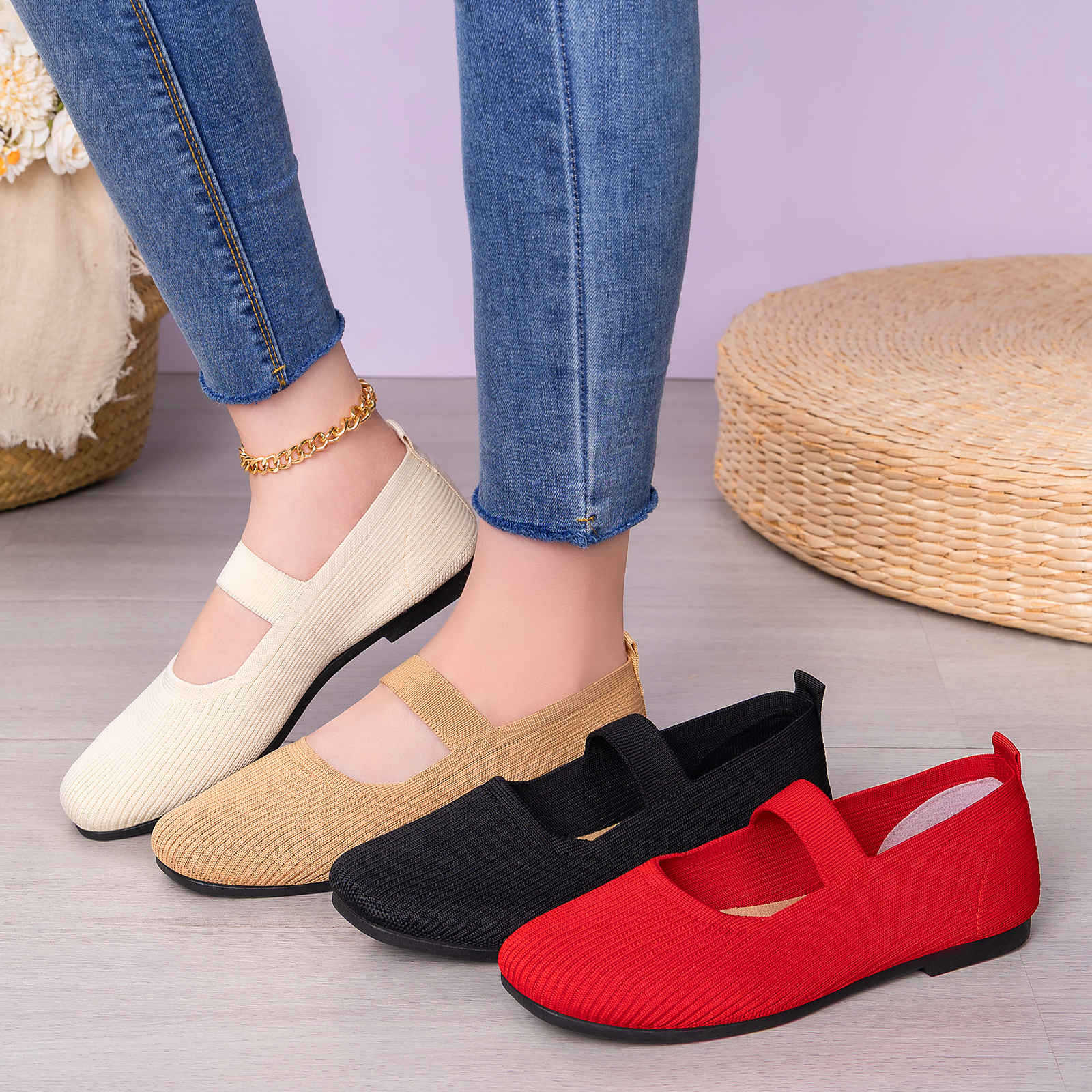 Damen Bequeme Strick-Ballerinas mit elastischem Riemen R&B