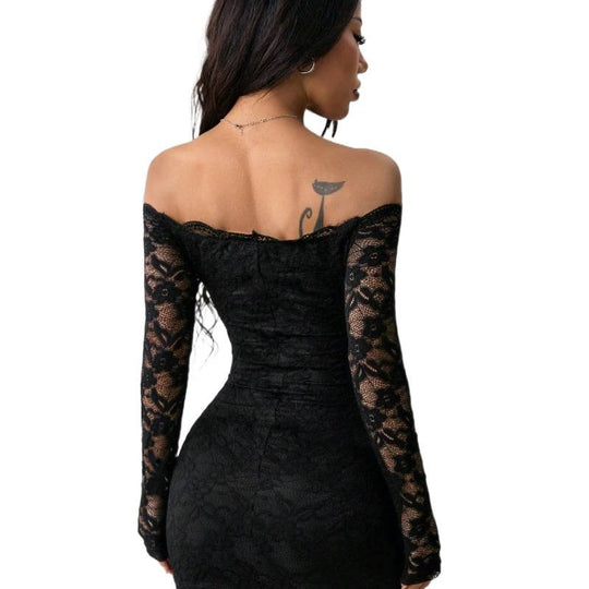 Damen Spitzenkleid mit schulterfreiem Design und langen Ärmeln R&B