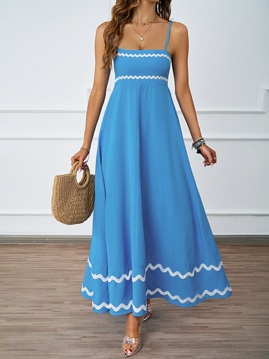 Damen Lange Maxi-Kleid mit Spaghetti-Trägern und dekorativem Saum R&B