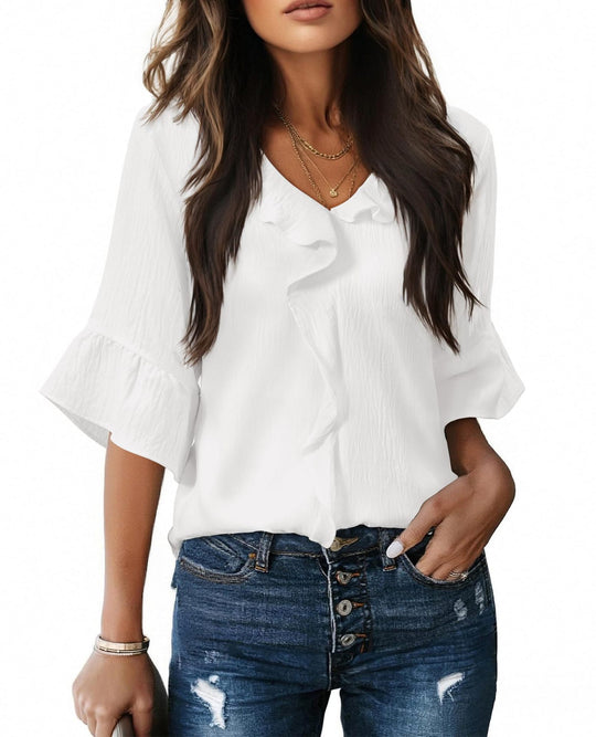 Damen Luftiges Blusenshirt mit Rüschendetails und V-Ausschnitt R&B