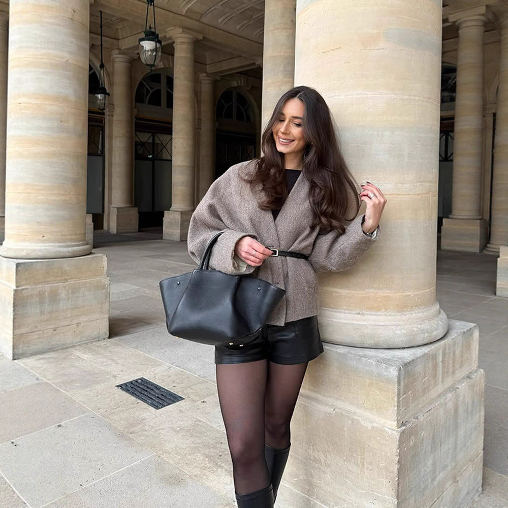 Damen Oversized Wolljacke mit Gürtel und weiten Ärmeln R&B