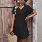 Damen V-ausschnitt Freizeitleinenkleid mit kurzen Ärmeln R&B