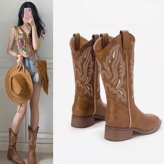 Damen Westernstiefel mit filigraner Stickerei und bequemem Blockabsatz R&B