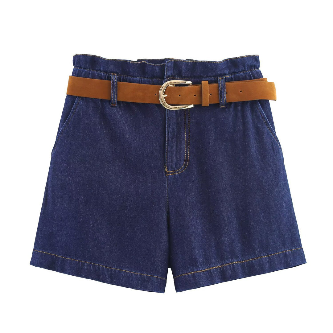 Damen Denim-Shorts mit hochwertigem Ledergürtel und elastischem Bund R&B