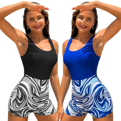 Damen Sportlicher Einteiler Badeanzug mit modischem Wellenmuster R&B
