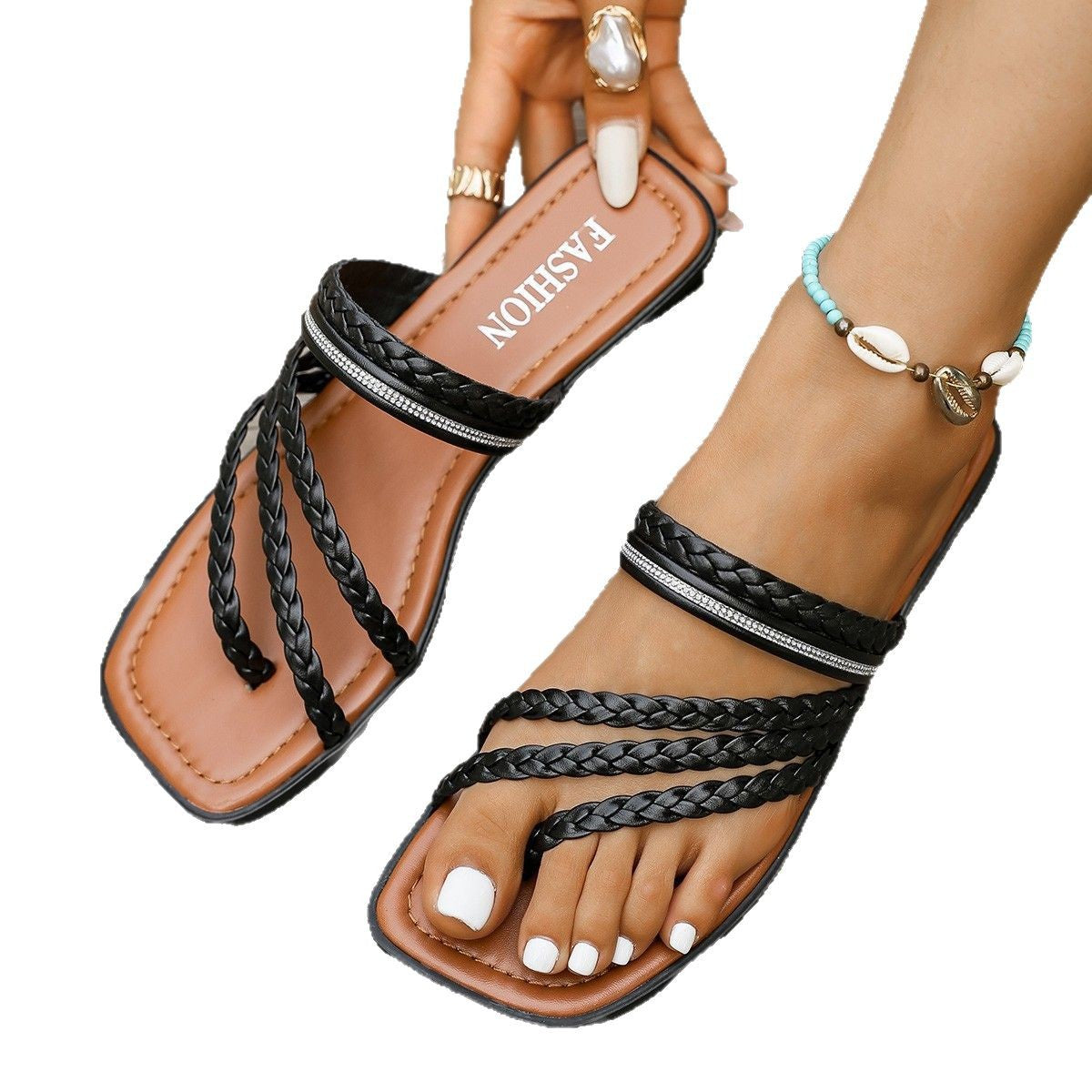 Damen Riemensandalen mit geflochtenem Design und modischem Glitzerakzent R&B