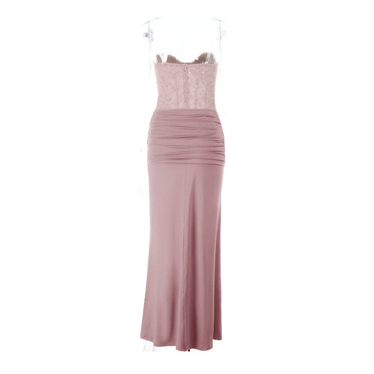 Damen schickes Maxikleid mit elegantem Bustier-Oberteil und gerafftem Rock R&B