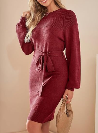 Damen Strickkleid mit Taillengürtel und langen Ärmeln R&B